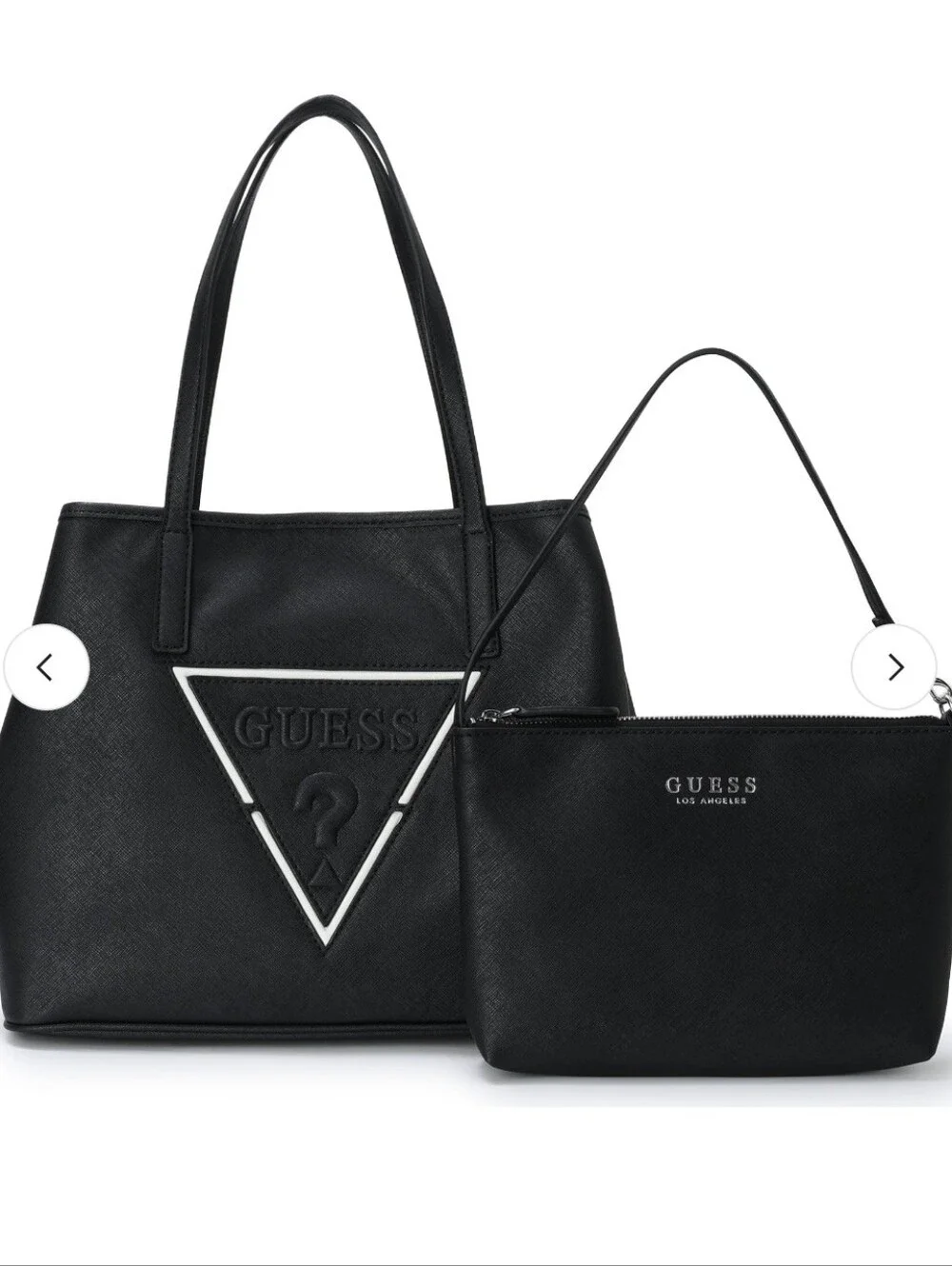 2 Pc Set GUESS Portini Triangle Logo Trap Tote & Wristlet Large,  Black